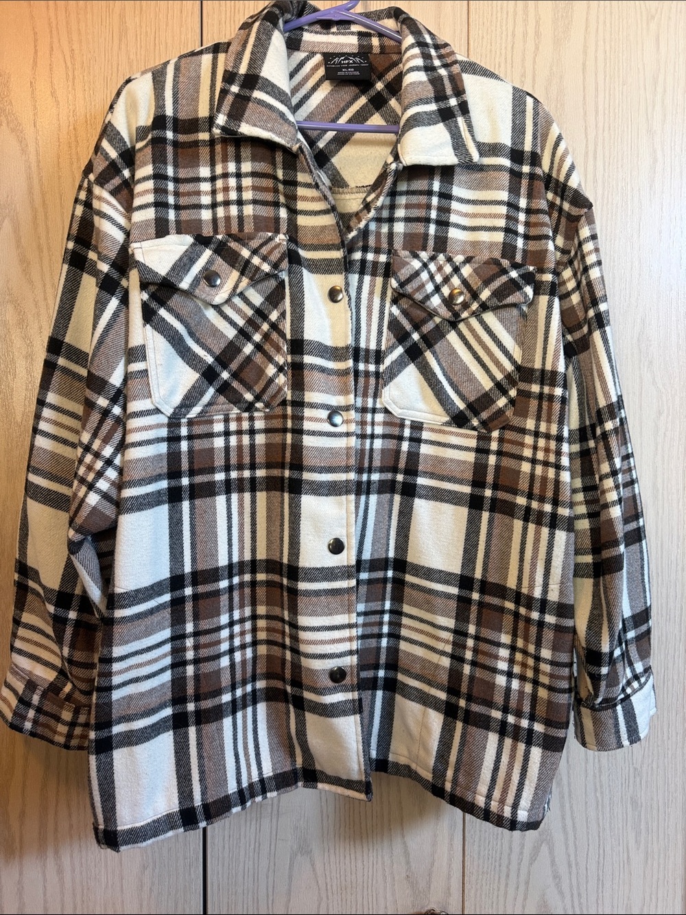 HFX Plaid Snap-Front Button Down Shirt Jacket - Brown & Cream